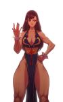  alternate_costume bracelet braid breasts brown_hair chun-li cleavage eyeshadow hair_down hand_on_hip jewelry liyart makeup pelvic_curtain side_braids smile spiked_bracelet spikes street_fighter street_fighter_v thick_thighs thighs 