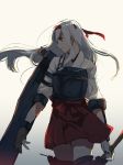  1girl backlighting bow_(weapon) cowboy_shot gloves gradient gradient_background hairband headband highres japanese_clothes kantai_collection long_hair looking_to_the_side midoriimo_(9ne8n) muneate shoukaku_(kantai_collection) silver_hair weapon wind 