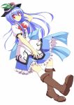  1girl blue_hair blush boots dress dress_shirt food food_on_head fruit fruit_on_head hat highres hinanawi_tenshi knee_boots kneehighs layered_dress long_hair looking_at_viewer object_on_head peach red_eyes sash shirt smile solo szk touhou very_long_hair 