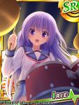  1girl angel_beats! cymbals drum drum_set drumsticks fuyuichi instrument irie_(angel_beats!) long_hair purple_hair school_uniform serafuku sweat violet_eyes 