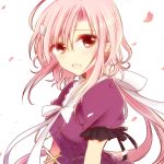  1girl ahoge brown_eyes cherry_blossoms cross dress gakkou_gurashi! hair_ornament hairclip jewelry long_hair necklace pink_hair puffy_short_sleeves puffy_sleeves ribbon sakura_megumi short_sleeves smile solo upper_body white_background 