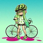  1girl 3d_rod! bicycle bike_shorts domino_mask fingerless_gloves gloves helmet inkling jacket long_hair mask pointy_ears shoes smile sneakers splatoon tentacle_hair 