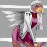  1girl bowtie dilaih eyelashes hand_to_own_mouth jacket kishin_sagume leaning_forward legacy_of_lunatic_kingdom legs looking_at_viewer open_clothes open_jacket red_eyes silver_hair simple_background single_wing skirt solo touhou wings 