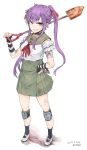  1girl :d bandaged_arm black_legwear blood bloody_clothes dated ebisuzawa_kurumi fingerless_gloves full_body gakkou_gurashi! gloves hand_on_hip long_hair open_mouth purple_hair school_uniform serafuku shovel sidelocks sigama simple_background skirt smile socks solo twintails twitter_username violet_eyes worktool 