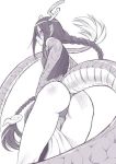  1girl antlers artist_request ass blush braid china_dress chinese_clothes dragon_girl dragon_horns dragon_tail from_behind from_below horns long_hair monochrome monster_girl monster_musume_no_iru_nichijou pointy_ears ryu-jin_(monster_musume) scales single_braid slit_pupils solo tail very_long_hair 