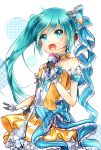  1girl alternate_hairstyle esdy gloves hatsune_miku headphones highres long_hair open_mouth side_ponytail solo vocaloid white_background 