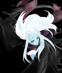  1girl ahoge black_background black_coat black_sclera blue_skin coat dullahan erzengel_(akakgo) highres lala_(monster_musume) long_hair monster_musume_no_iru_nichijou scarf scythe simple_background solo white_hair yellow_eyes 