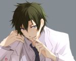  1boy aoharu_x_kikanjuu blue_eyes finger_to_mouth green_hair midori_nagamasa necktie short_hair simple_background smile solo tsukimori_usako 