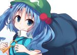  1girl backpack bad_hands bag beni_shake blue_eyes blue_hair hair_bobbles hair_ornament hat kawashiro_nitori key looking_at_viewer smile solo touhou twintails two_side_up white_background 