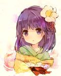  1girl flower hair_flower hair_ornament hieda_no_akyuu japanese_clothes kimono purple_hair ribbon sen1986 short_hair sketch solo touhou violet_eyes 