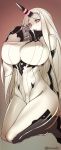  1girl adapted_costume breasts claws detached_sleeves groin highres horn kantai_collection large_breasts leotard long_hair looking_at_viewer red_eyes ribbed_leotard seaport_hime shinkaisei-kan sideboob solo takeda_aranobu very_long_hair white_hair 