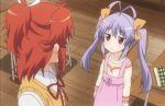  2girls animated animated_gif face hair_ribbon koshigaya_natsumi miyauchi_renge multiple_girls non_non_biyori o3o purple_hair red_eyes redhead ribbon school_desk school_uniform shrug twintails 