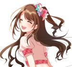  1girl :d ^_^ blush bow brown_hair closed_eyes dress flower hair_bow hair_flower hair_ornament idolmaster idolmaster_cinderella_girls long_hair open_mouth pink_dress puffy_sleeves round_teeth shimamura_uzuki shiny shiny_hair side_ponytail sinsihukunokonaka smile solo 