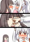  2girls 3koma black_hair blush bow colored_eyelashes comic face_punch fujiwara_no_mokou hair_bow hair_ribbon houraisan_kaguya incipient_kiss long_hair multiple_girls punching red_eyes ribbon silver_hair suspenders touhou tsundere yuri zetsumame 