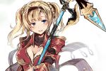  1girl :d blonde_hair blue_eyes blush braid breasts cleavage cleavage_cutout granblue_fantasy hair_intakes hairband long_hair nanahara_fuyuki open_mouth polearm red_armor simple_background smile solo spear twin_braids twintails upper_body weapon white_background zeta_(granblue_fantasy) 