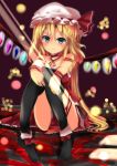  1girl bad_feet blonde_hair blue_eyes flandre_scarlet hands_on_legs hat highres looking_at_viewer ribbon sitting smile te_toga thigh-highs touhou 