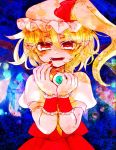  1girl blonde_hair eyeball fangs flandre_scarlet hat highres looking_at_viewer nail_polish open_mouth pointy_ears red_eyes shimana_(cs-ts-az) side_ponytail slit_pupils solo touhou upper_body wings wrist_cuffs 