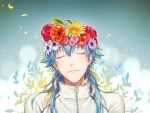  blue_hair closed_eyes dramatical_murder gradient gradient_background head_wreath long_hair male_focus palru_s2 seragaki_aoba simple_background smile solo twitter_username upper_body 