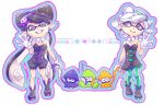  aori_(splatoon) collar domino_mask dress earrings hotaru_(splatoon) inkling jewelry kumicho leggings long_hair looking_at_viewer mask multiple_girls pointy_ears sleeping smile splatoon symbol-shaped_pupils tentacle_hair 