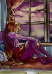  1girl bat_wings bell_sleeves bow clouds cloudy_sky curtains cushion dilaih earrings elis_(touhou) from_side hair_bow hair_spread_out hands_on_own_knees jewelry latch legs long_hair long_sleeves looking_out_window makai_(touhou) no_shoes pillow purple_legwear reclining red_bow red_skirt ruffled_cuffs shirt sitting skirt sky solo star tassel tattoo thigh-highs thighs touhou touhou_(pc-98) very_long_hair vest white_shirt window wings 