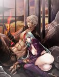  1boy 1girl abs ass black_panties blue_hair breasts chaps coco_(eccentricrouge) dark_skin fire gloves jacket k&#039; king_of_fighters kula_diamond long_hair open_clothes open_jacket panties red_eyes underwear white_hair 