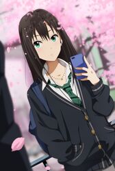  1girl bag blush brown_hair cellphone cherry_blossoms collar earphones earphones earrings green_eyes hand_in_pocket holding_phone idolmaster idolmaster_cinderella_girls jacket jet_yowatari jewelry long_hair looking_to_the_side necktie petals phone school_uniform shibuya_rin shirt star upper_body white_shirt 