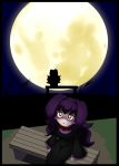  1girl :&lt; bags_under_eyes bench blush_stickers dress highres huge_moon long_hair looking_up messy_hair moon night night_sky original purple_hair shaded_face shan_grila sitting sitting_on_bench sky solo triangle_mouth very_long_hair violet_eyes wavy_hair 