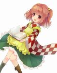  1girl apron bell book checkered clothes_writing hair_bell hair_ornament japanese_clothes motoori_kosuzu open_mouth red_eyes redhead sen1986 short_hair smile solo touhou twintails wide_sleeves 