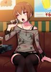  1boy brown_hair crossdressinging earrings eyeliner gujira highres jewelry juice karaoke makeup microphone midriff navel necklace off_shoulder open_mouth original otoko_no_ko see-through short_hair shorts singing sitting solo strapless thigh-highs tubetop violet_eyes yonokawa_shena 