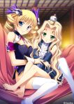  2girls absurdres barefoot blonde_hair blue_eyes blush breasts cleavage curly_hair detached_sleeves dress green_eyes hair_intakes hair_ornament highres huge_filesize kantaka koihime_musou legs long_hair looking_at_viewer multiple_girls no_pants official_art ribbon sitting sitting_on_lap sitting_on_person smile sousou teiiku thigh-highs twintails very_long_hair 