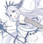  1girl :d bangs bare_shoulders blue_rose dress flower granblue_fantasy hair_flower hair_ornament kujou_ichiso lily_(granblue_fantasy) long_hair open_mouth painttool_sai pointy_ears rose simple_background smile solo staff tiara upper_body violet_eyes white_background white_dress white_hair 