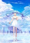  1girl absurdres aoiakamaou bare_shoulders barefoot blue_eyes blue_hair dress hair_ribbon hatsune_miku highres long_hair ribbon sky smile solo twintails vocaloid water 
