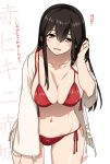  1girl akagi_(kantai_collection) bikini blush breasts brown_eyes brown_hair cleavage hair_tucking hyouju_issei japanese_clothes kantai_collection large_breasts leaning_forward long_hair navel open_clothes open_mouth red_bikini side-tie_bikini simple_background smile solo swimsuit white_background 