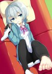  1girl black_gloves black_legwear blue_eyes blush bow couch feet footwear_removed gloves gundam gundam_build_fighters gundam_build_fighters_try kijima_shia leggings looking_at_viewer lying minamura_haruki on_side pillow pink_bow short_hair silver_hair single_shoe smile solo toeless_legwear 