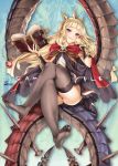  1girl blonde_hair blush book cagliostro_(granblue_fantasy) capelet crossed_legs diadem feet granblue_fantasy highres kure_masahiro legs long_hair looking_at_viewer open_mouth sitting smile solo thigh-highs violet_eyes 