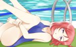  1girl :o ass avatar_of_fate bare_shoulders blush breasts cleavage collarbone commentary competition_school_swimsuit highres leg_hug legs legs_up looking_at_viewer love_live!_school_idol_project nishikino_maki pool_ladder poolside redhead school_swimsuit short_hair solo swimsuit violet_eyes 