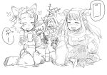  4girls =_= animal_ears arulumaya blush breasts butterfly cagliostro_(granblue_fantasy) cat_ears cellphone cleavage commentary_request crescent drunk flower granblue_fantasy habit hair_flower hair_ornament hat highres horns large_breasts long_hair melleau monochrome multiple_girls nose_blush nun phone pointy_ears rumredda sitting smartphone speech_bubble spoken_object vee_(granblue_fantasy) wasanbon_(atwazooka) 