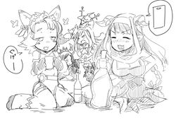  4girls =_= animal_ears arulumaya blush breasts butterfly cagliostro_(granblue_fantasy) cat_ears cellphone cleavage commentary_request crescent drunk flower granblue_fantasy habit hair_flower hair_ornament hat highres horns large_breasts long_hair melleau monochrome multiple_girls nose_blush nun phone pointy_ears rumredda sitting smartphone speech_bubble spoken_object vee_(granblue_fantasy) wasanbon_(atwazooka) 