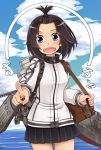  1girl alternate_hairstyle black_hair black_skirt blue_eyes blush clouds cloudy_sky hayasui_(kantai_collection) hitsujin kantai_collection long_sleeves maru_(lagrange) miniskirt open_mouth parody pleated_skirt rinne_no_lagrange short_hair skirt sky solo topknot track_jacket zipper 