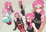  character_sheet curly_hair devanohundosi elite_four fur_trim jacket long_hair looking_over_glasses midriff open_clothes open_jacket pachira_(pokemon) pink_hair pokemon pokemon_(game) pokemon_xy red_eyes red_glasses sleeveless team_flare uniform 