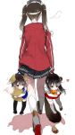  3girls akagi_(kantai_collection) animal_ears black_legwear black_skirt blue_skirt brown_hair commentary_request flying_sweatdrops fox_ears fox_tail hakama_skirt heart highres japanese_clothes kaga_(kantai_collection) kantai_collection kemonomimi_mode long_hair multiple_girls pleated_skirt red_skirt ryuujou_(kantai_collection) short_hair short_sleeves shuu-0208 skirt tail thigh-highs twintails visor_cap white_legwear younger 