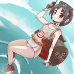  1girl black_hair brown_eyes diving_mask diving_mask_on_head gun kantai_collection maru-yu_(kantai_collection) military military_vehicle school_swimsuit short_hair swimsuit takada_sekiyu_(kabu) tank vehicle weapon white_school_swimsuit white_swimsuit 