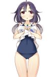  1girl apron apron_lift kankitsunabe_(citrus) kantai_collection long_hair low_twintails purple_hair red_eyes school_swimsuit swimsuit taigei_(kantai_collection) twintails 