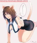  1girl 2015 all_fours animal_ears blush bodysuit breasts brown_hair cat_ears cat_tail cleavage dated fang furutaka_(kantai_collection) glowing glowing_eye heterochromia highres kantai_collection kemonomimi_mode large_breasts looking_at_viewer open_mouth panties pink_background remodel_(kantai_collection) school_uniform serafuku short_hair signature simple_background solo tail tbd11 translated underwear yellow_eyes 