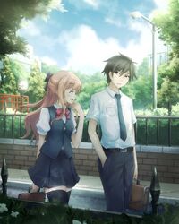  >:| 1boy 1girl ^_^ asakurashinji bag belt black_legwear bow bowtie brown_hair classroom_crisis clock closed_eyes fence grey_eyes hair_bow hands_in_pockets highres kiryuu_nagisa lamppost necktie outdoors pants park pink_hair puffy_sleeves road school_bag school_uniform sera_mizuki_(classroom_crisis) shirt short_sleeves smile street sweatdrop thigh-highs tree wall white_shirt zettai_ryouiki 