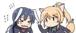  &gt;_&lt; 2girls animal_ears ayase_eli blonde_hair blush bunny_tail chibi clipe closed_eyes flying_sweatdrops fox_ears fox_tail kemonomimi_mode love_live!_school_idol_project multiple_girls open_mouth rabbit_ears simple_background sonoda_umi tail wavy_mouth white_background 