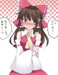  1girl ascot bare_shoulders bow brown_eyes brown_hair detached_sleeves hair_bow hair_tubes hakurei_reimu hammer_(sunset_beach) long_hair open_mouth side_glance solo touhou translated wide_sleeves 