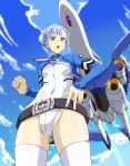  1girl :o ass_visible_through_thighs asymmetrical_bangs bangs belt blue_hair clenched_hand clouds fin_e_ld_si_laffinty fugakuhyakkei highleg leotard looking_at_viewer rinne_no_lagrange skindentation small_breasts solo thigh-highs violet_eyes vox_lympha 