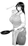  1girl apron breasts denim egg frying_pan heart highres huge_breasts jeans kantai_collection long_hair looking_at_viewer monochrome mother nagato_(kantai_collection) older pants plump smile solo synecdoche thick_thighs thighs translated 