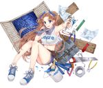  1girl artist_request belt binary blue_eyes breasts brown_hair commentary hair_ribbon hammer large_breasts long_hair mascot midriff navel nut_(hardware) open_mouth original paint_can paintbrush pliers ribbon saw schematics scissors screw screwdriver shorts smile solo tagme toolbox towel towel_around_neck two_side_up utility_belt wrench 